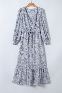 Sky Blue Printed Surplice Neck Bubble Sleeve Maxi Dress with Sash