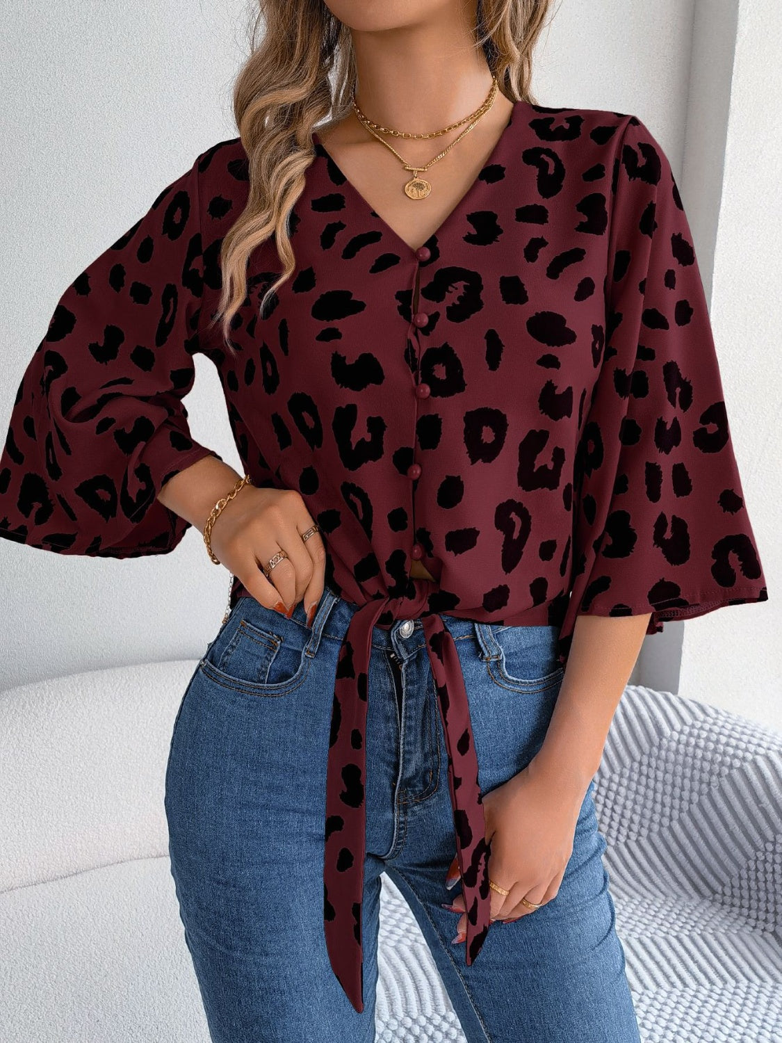 Animal Print Long Sleeve Shirt Women's Casual Tied Button Up Leopard V-Neck Blouse