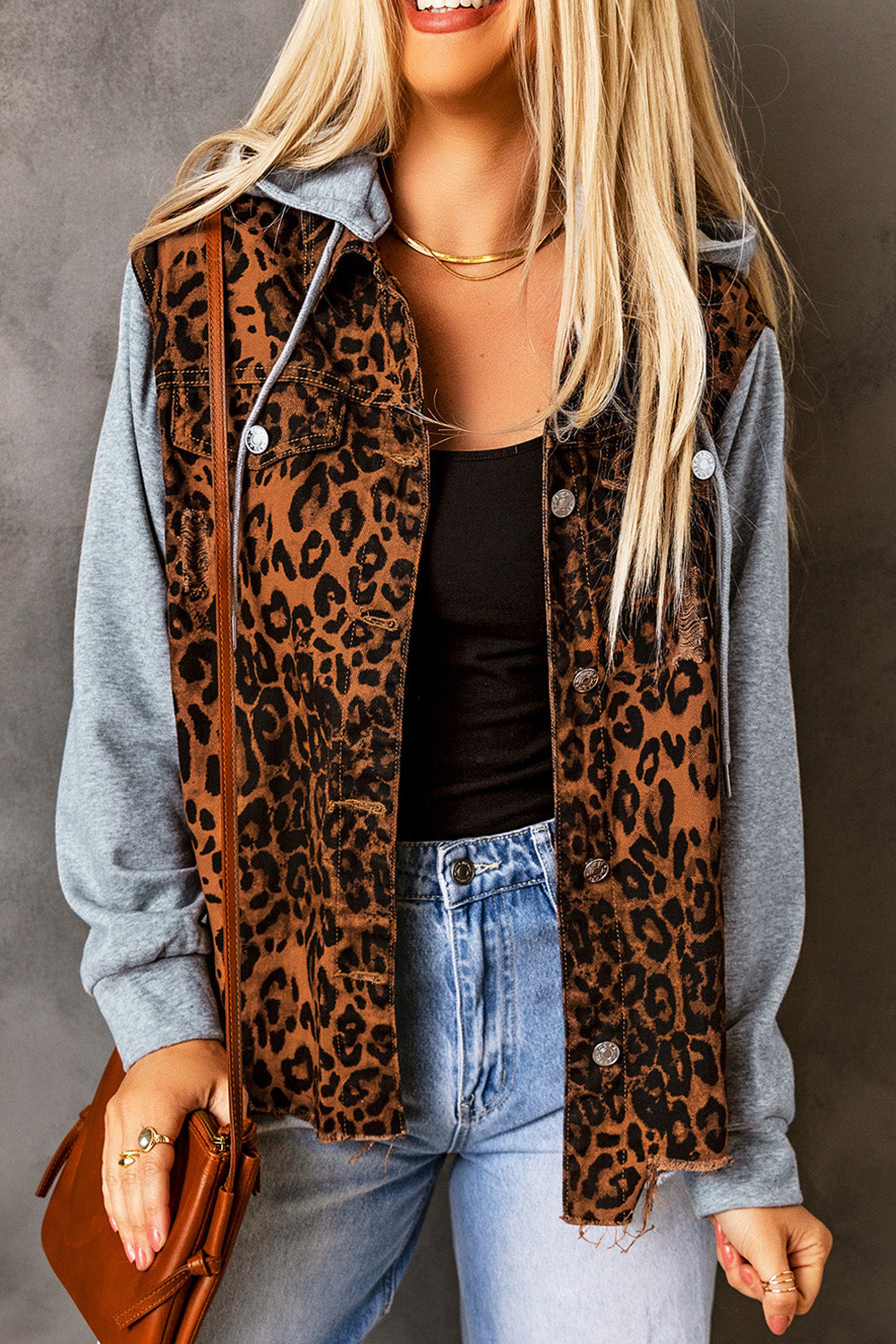 Denim Jacket Animal Print 100% Cotton Premium Leopard Distressed Drawstring Hooded Denim Jacket