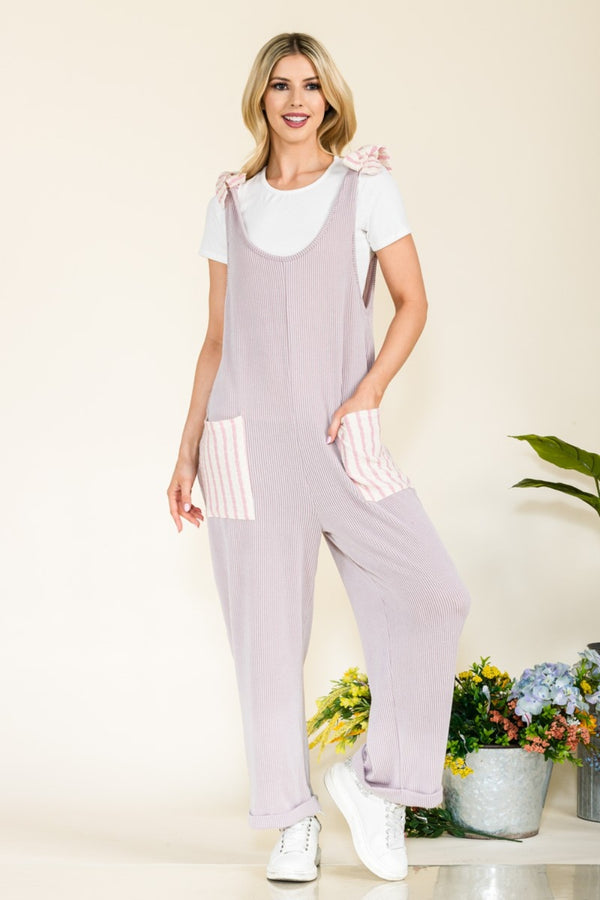 KESLEY Stripe Contrast Pocket Rib Jumpsuit Petite and Plus Size Pants Romper Women's Fashion