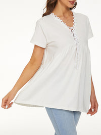 Lace Detail Tie Neck Short Sleeve T-Shirt