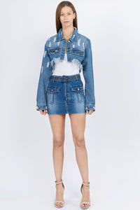 American Bazi Distressed Denim Cropped Jacket with Frayed Hem