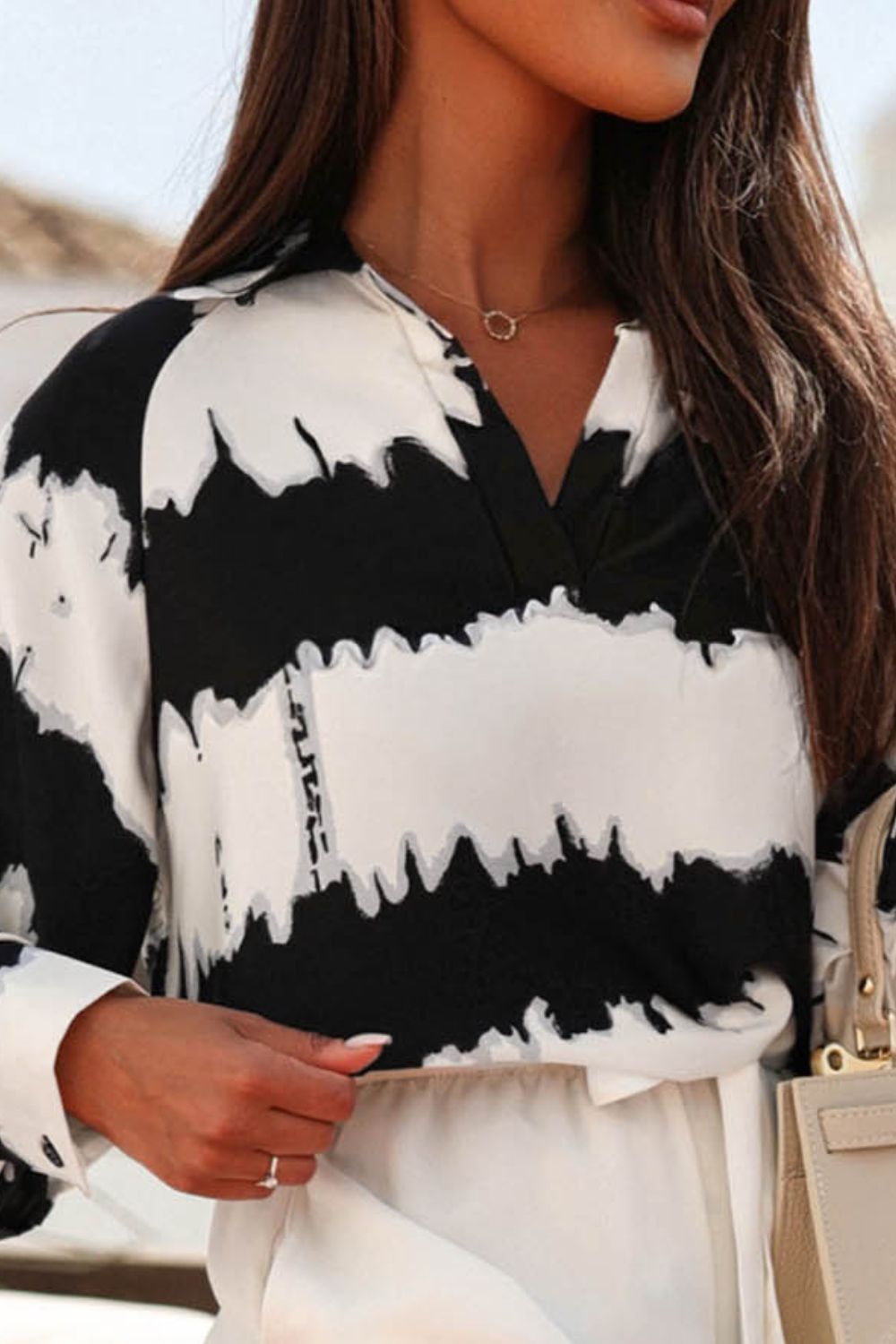 Black and White Stripe Women's Top  Printed Johnny Collar Long Sleeve Blouse