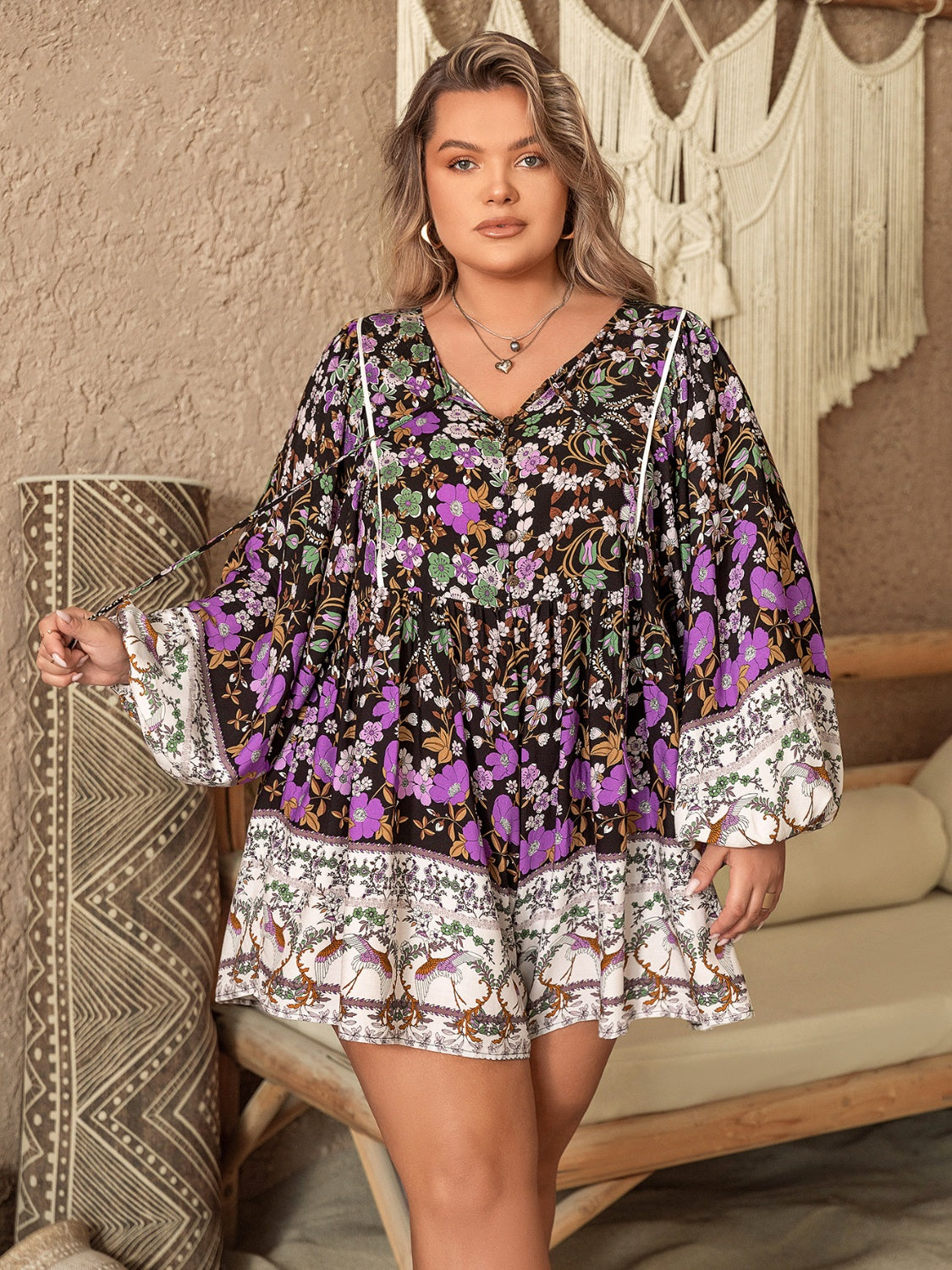 Plus Size Printed Tie Neck Mini Dress Boho Long Sleeve Casual Short Dress