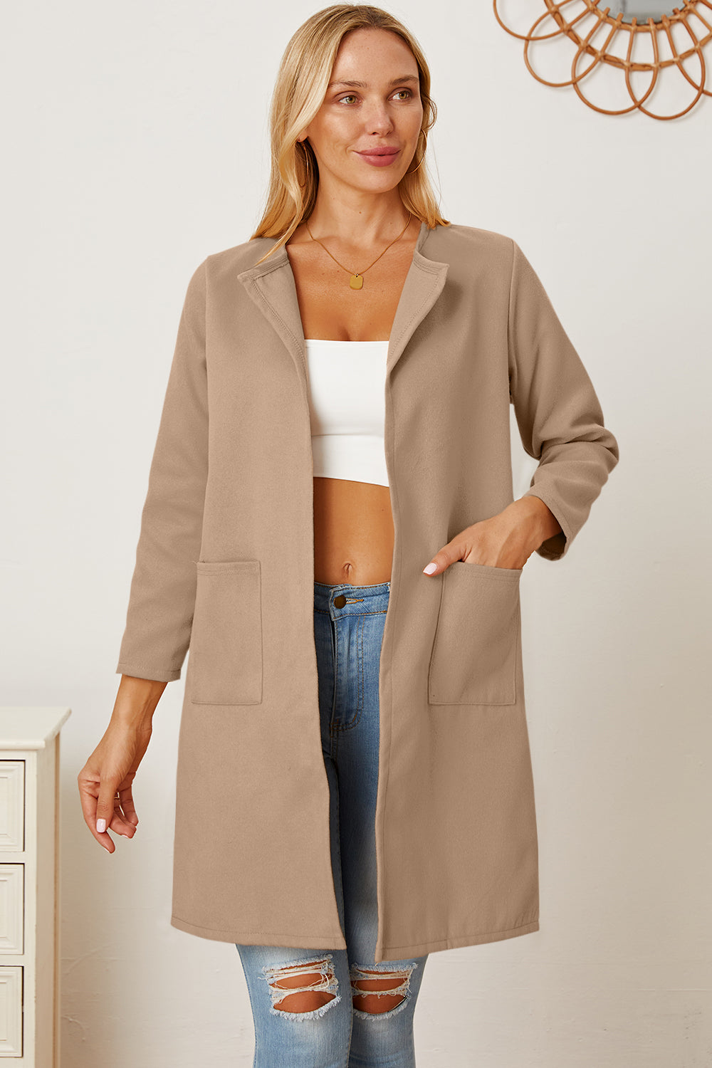 Open Front Pocketed Long Sleeve Coat