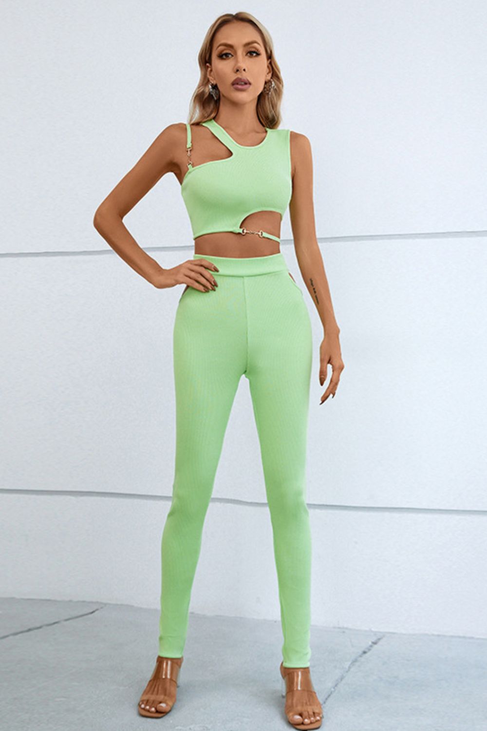 Outfit Set Women's Fashion Asymmetrical Ribbed Cutout Crop top and Leggings Pants Matching Set