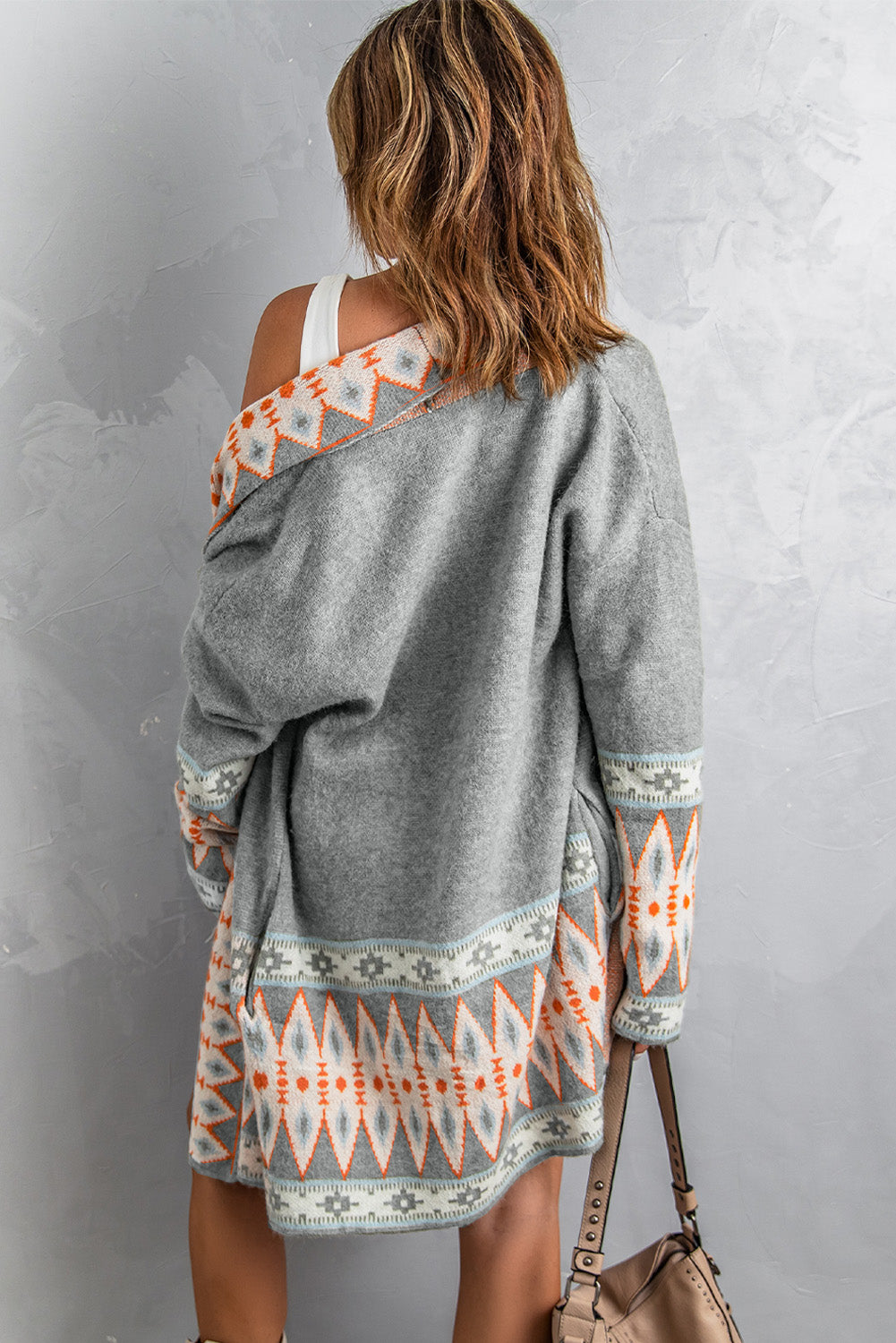 Cardigan Geometric Open Front Long Sleeve Maxi Sweater
