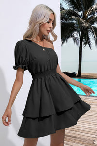 Single Shoulder Dress Casual Cinch Waist Flounce Ruffle Sleeve Mini Dress