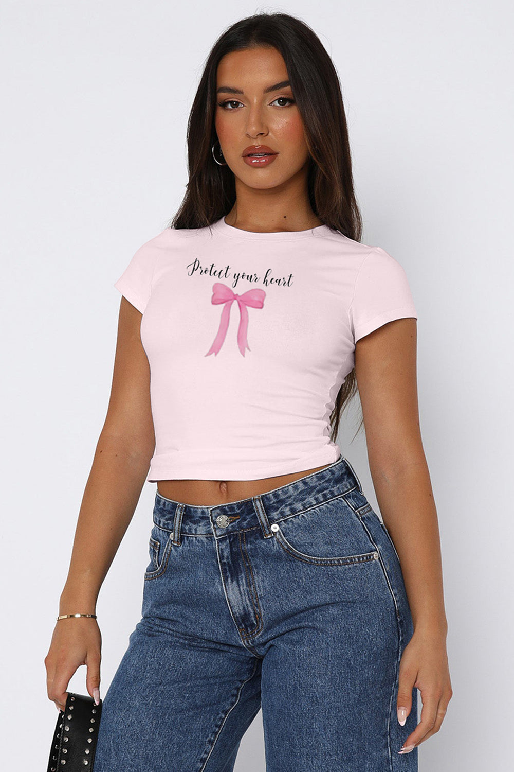 Graphic T Shirt Protect Your Heart Quote Bow Round Neck Short Sleeve Crop Top Women's Fashion