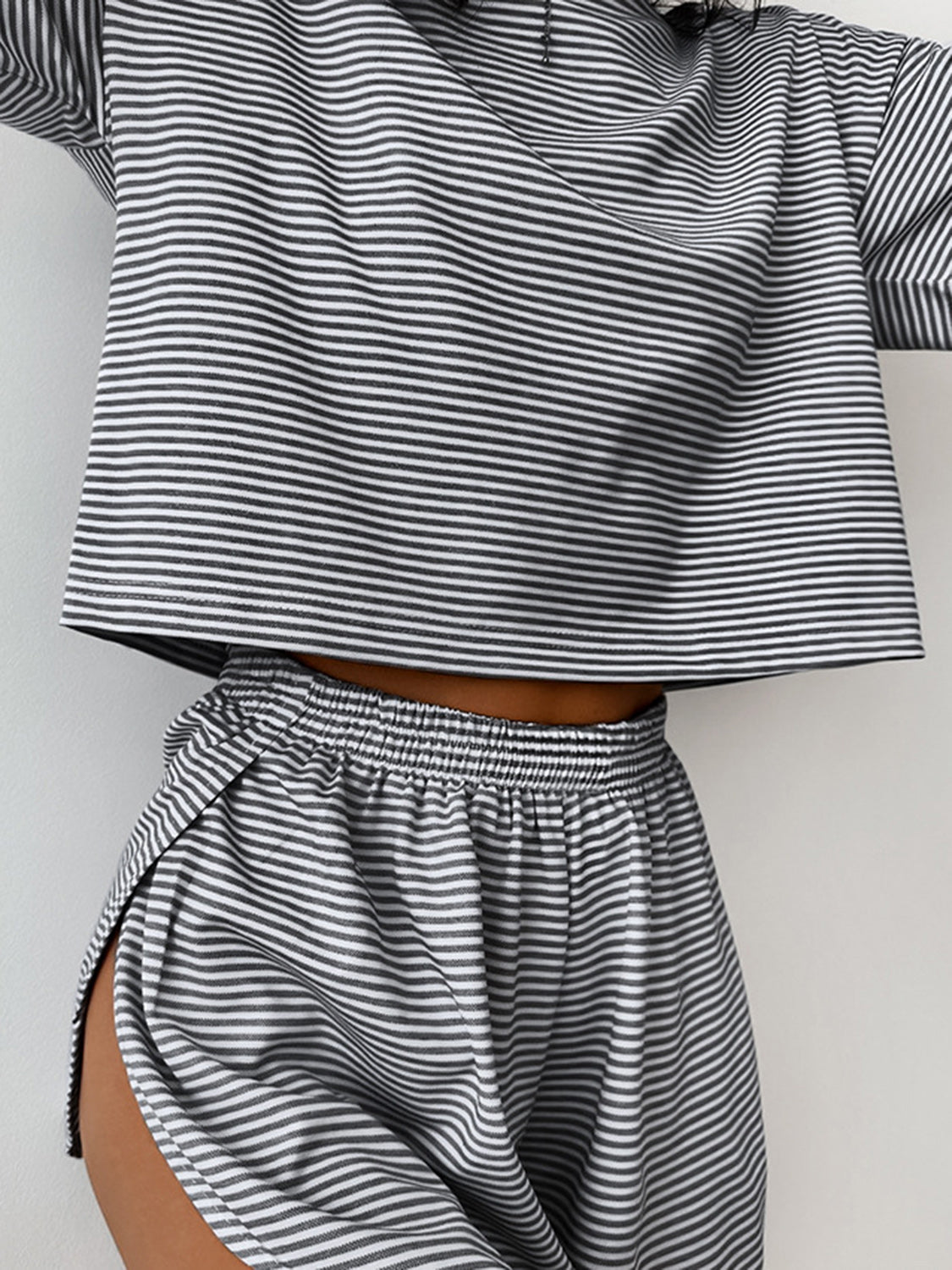 Striped Round Neck Top and Shorts Set Loungewear Two Piece Outfit Set Cotton Luxury Premium Fashion