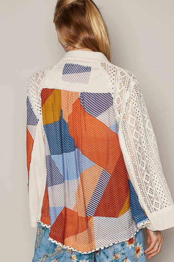 POL Color Block Crochet Long Sleeve Shirt