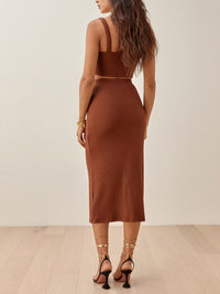 Outfit Set Women's Two Piece Sexy Casual Wide Strap Crop Top and High Waist Midi Skirt Brown