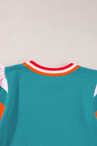 Turquoise Contrast Flutter Sleeves Knitted Sweater T Shirt