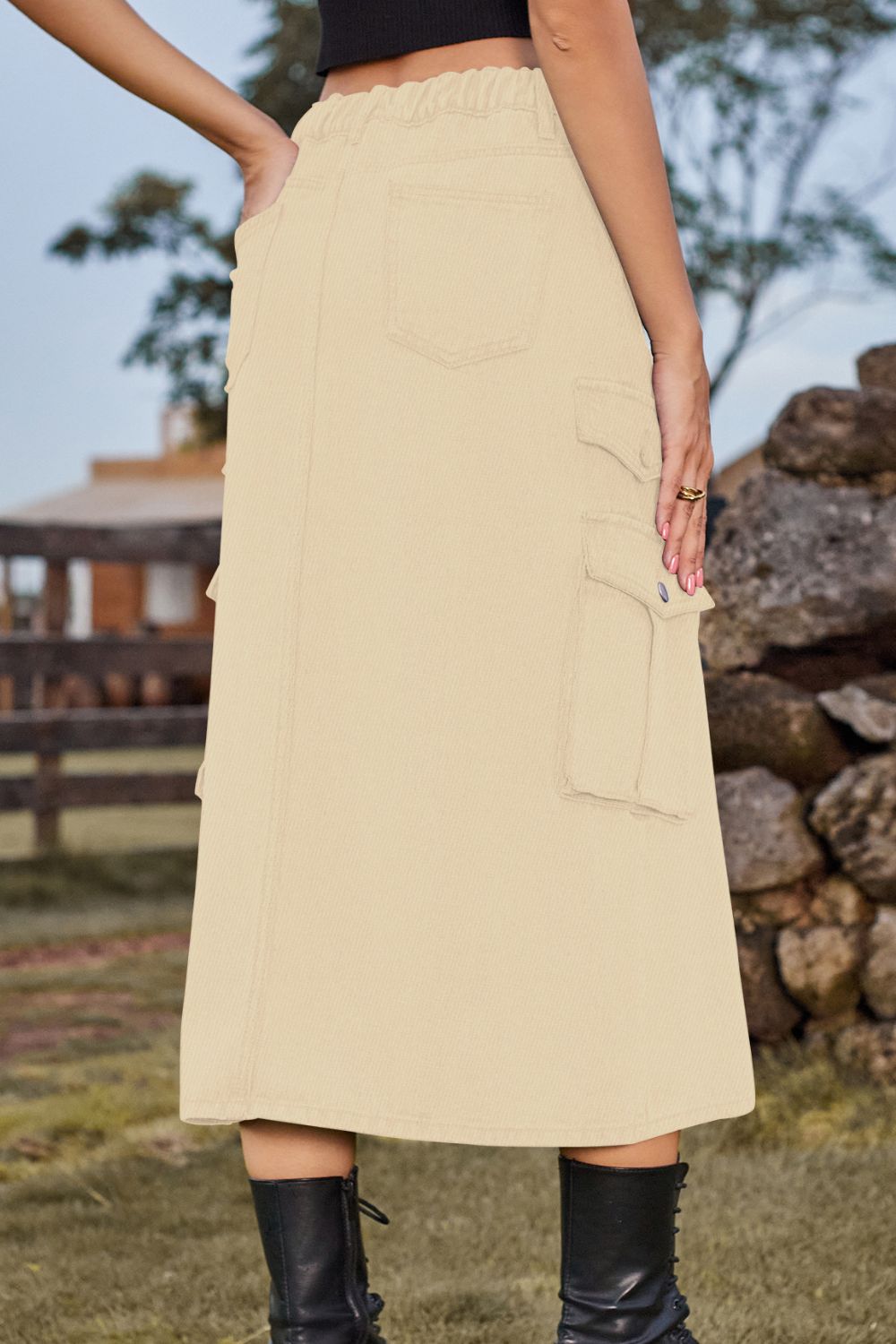 Slit Front Midi Denim Skirt with Pockets Cargo Skirts New Women's Fashion Maxi