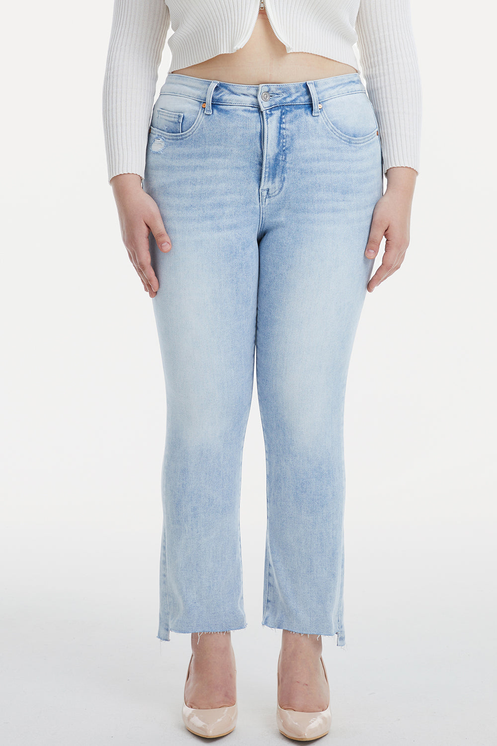 KESLEY High Waist Raw Hem Washed Straight Jeans Petite and Plus Size Denim Pants Cotton