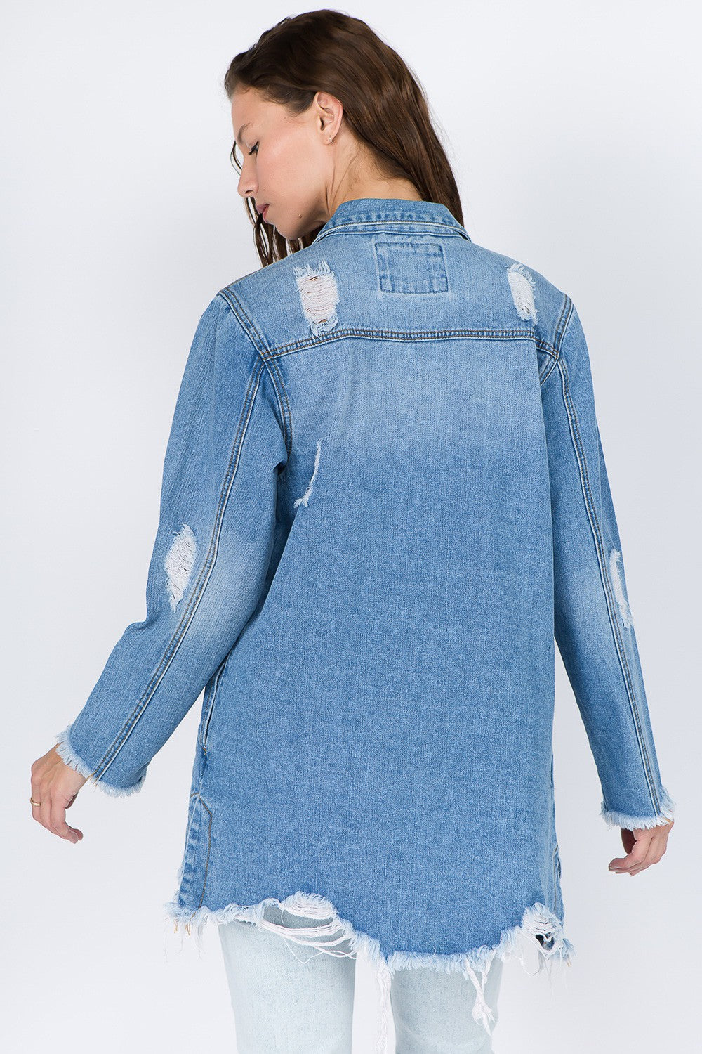 KESLEY 100% Cotton Jean Shirt  Distressed Frayed Hem Denim Jacket