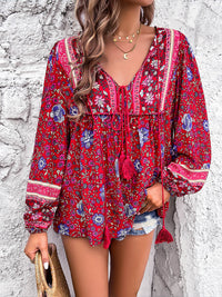 Boho Casual Loose Fit Shirt Printed Tie Neck Long Sleeve Blouse