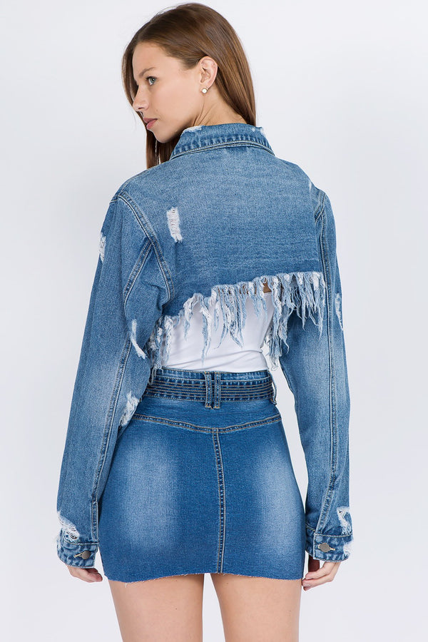 American Bazi Distressed Denim Cropped Jacket with Frayed Hem