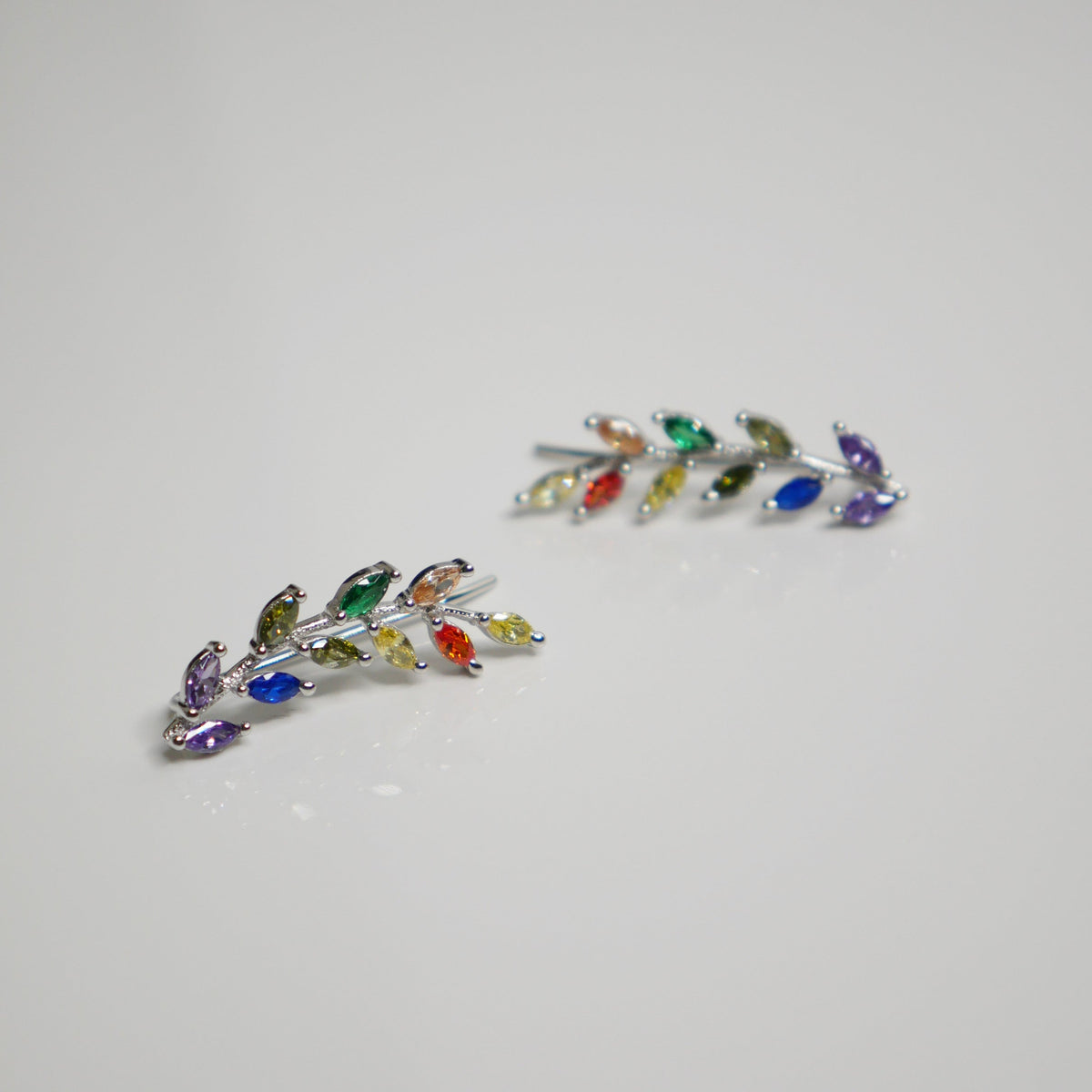 Colorful Leaves Diamond CZ .925 Sterling Silver Crawler Earrings