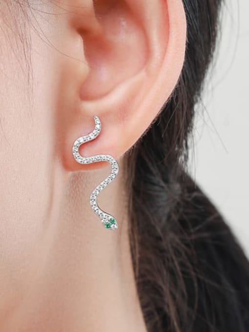 Snake Earrings, .925 Sterling Silver Green Eyes Diamond CZ Long Skinny Snake Post Earrings