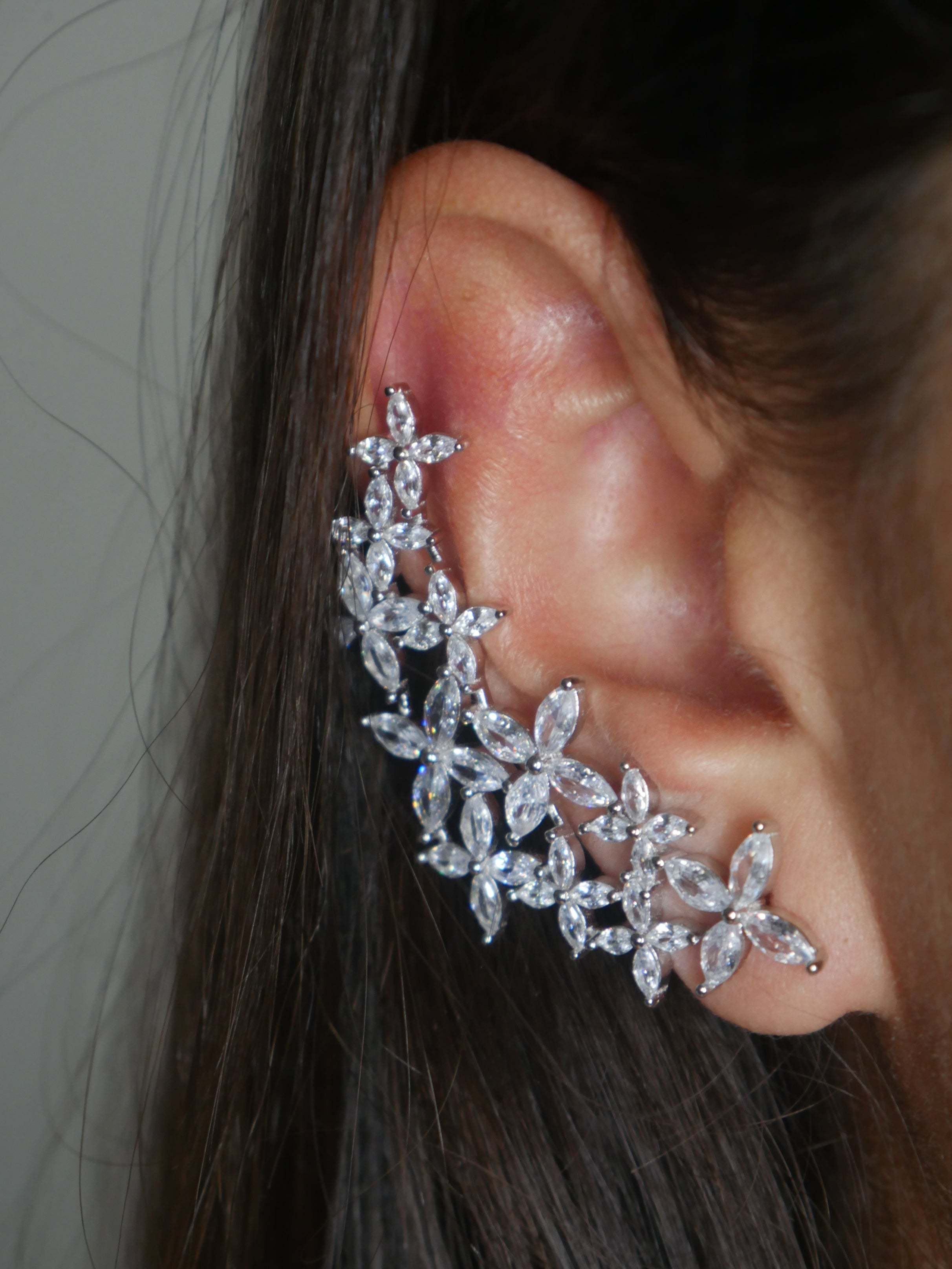Glam Ear Cuff Earrings, .925 Sterling Silver Diamond CZ Flower