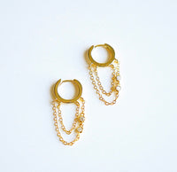 Earrings, hoops, 18k gold plated, unisex, hoop earrings with chain, bezel diamond cz, cubic zirconia, rhinestone style earrings, light weight, waterproof, hypoallergenic for sensitive ears, dainty, unique earrings, gift idea, cartilage earrings, second piercing earrings