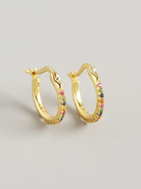 Thin Small Hoop Earrings, Colorful Rainbow Diamond CZ, .925 Sterling Silver Hoop Huggie Earrings