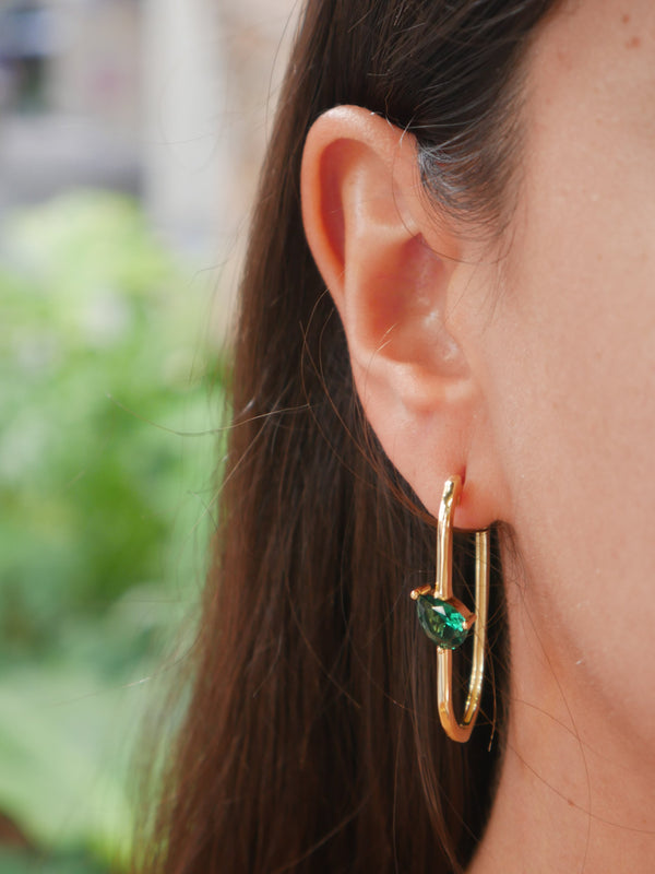 hoop earrings, gold plated, emerald green, cubic zirconia, rhinestone, popular earrings, light weight hoop earrings, statement, designer, luxury, unique, tear drop hoop earrings