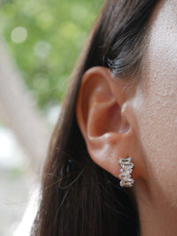 small hoop earrings, sterling silver, .925, hypoallergenic, waterproof, unisex earrings, white gold, diamond cz irregular baguette