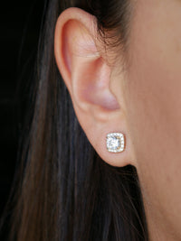 Square Stud Earrings, 925 Sterling Silver Cushion Cut Halo Diamond Cubic ZIrconia Statement Luxury  Earrings
