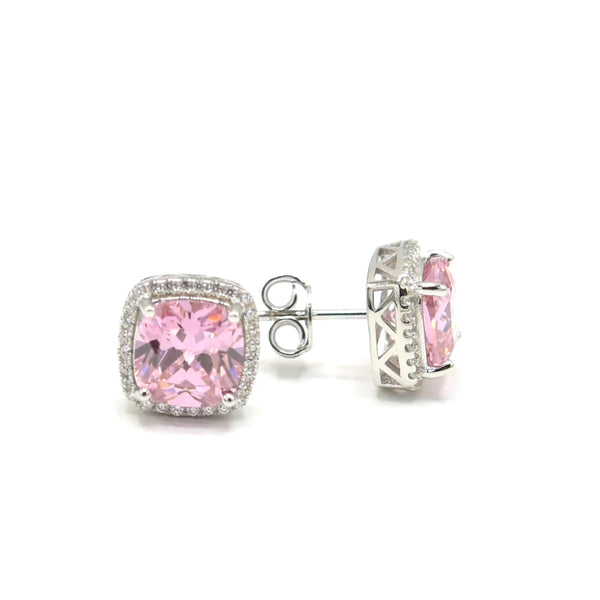 earrings, stud earrings, womens jewelry, nice earrings, big stud earrings, sterling silver earrings, nice jewelry, earrings for sensitive ears, sterling silver jewelry, kesley jewelry, pink diamond earrings, pink rhinestone earrings, wedding jewelry, birthday gifts, anniversary gifts, holiday gifts, square stud earrings