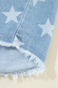 Sky Blue Star Print Light Wash Raw Hem Denim Jacket