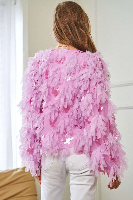 Pink Fluffy Jacket New Women's Fashion Light Spring Coat Feather Confetti KESLEY