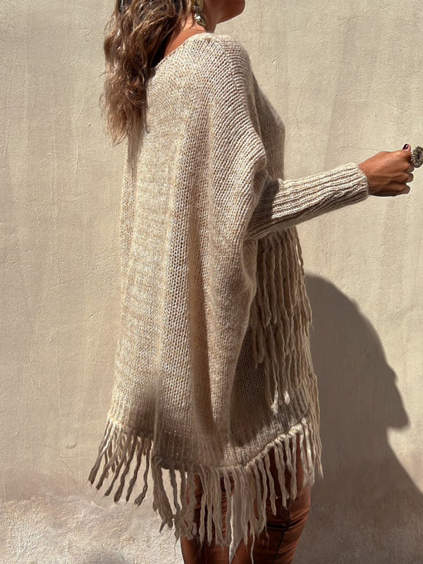 Fringe Detail Long Sleeve Sweater with Pockets New Women's Fashion KESLEY