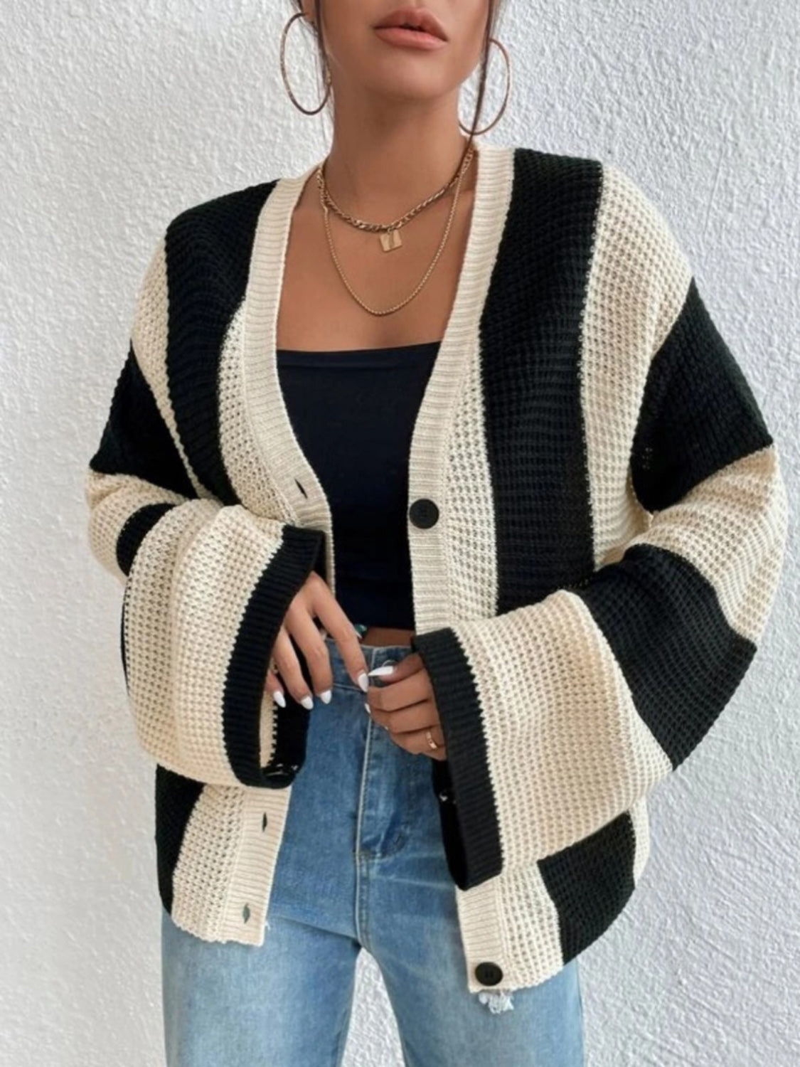 Black and White Striped Button Up Cardigan Sweater with buttons