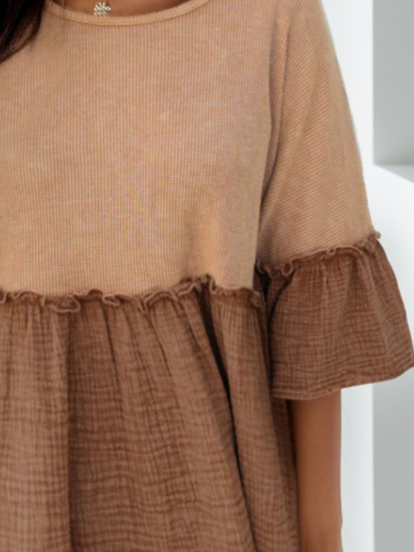 Casual Brown Color-block Women's Short Dress Frill Round Neck Half Sleeve Dress