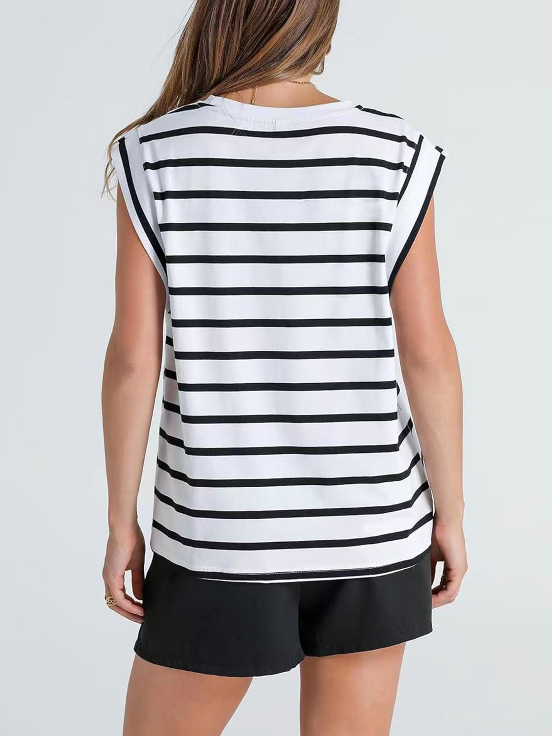 Striped Round Neck Cap Sleeve T-Shirt Women's Short Sleeve Top With Stripes KESLEY