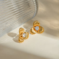 Big Flower Shape Stud Earrings Real 18K Gold Plated Stainless Steel Zircon Waterproof Jewelry