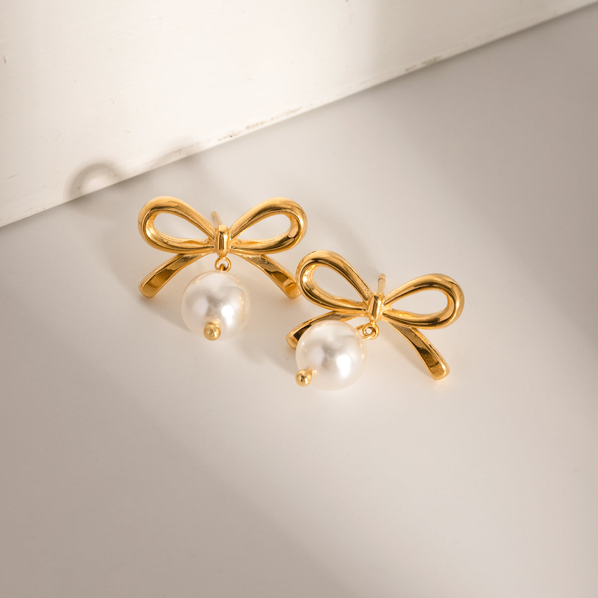 Bow Earrings with Pearl Dangle Detail Hypoallergenic Real 18K Gold Plated Waterproof Jewelry -KESLEY