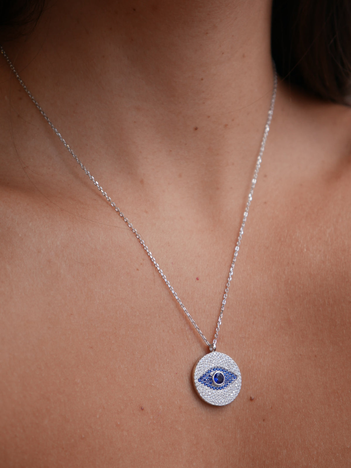 Evil Eye Pendant Necklace  Sterling Silver 925 Cubic Zirconia Medallion Necklaces - KESLEY