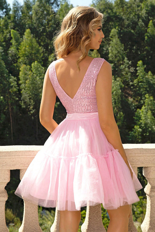Pink Sequin Sleeveless V Neck Ruffle Mesh Puff Skirt Formal Dress