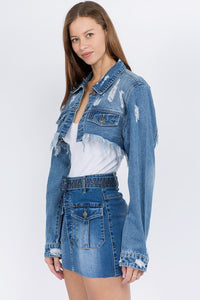 American Bazi Distressed Denim Cropped Jacket with Frayed Hem