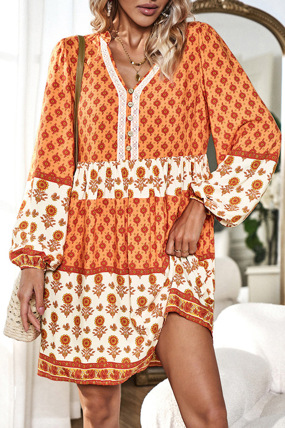 Boho Printed V-Neck Long Sleeve  Casual Dress New women's Fashion