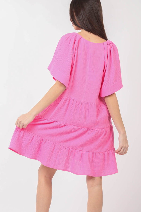 KESLETY Pink  V-Neck Ruffled Tiered Dress Women's Casual Day dresses