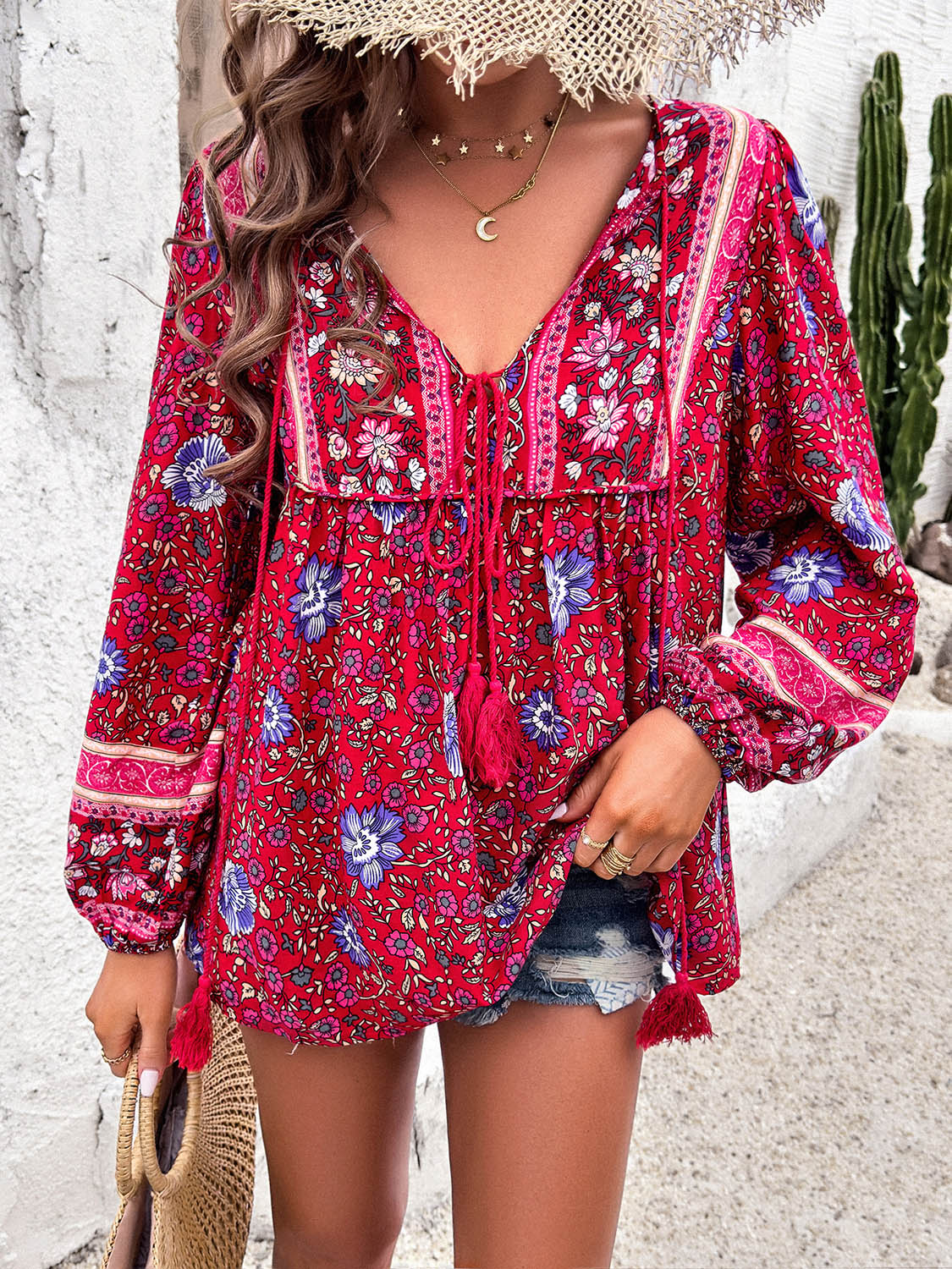 Boho Casual Loose Fit Shirt Printed Tie Neck Long Sleeve Blouse