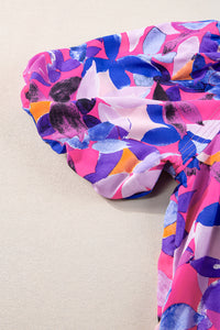 Purple Flower Print Short Puff Sleeve Ruffled Dress