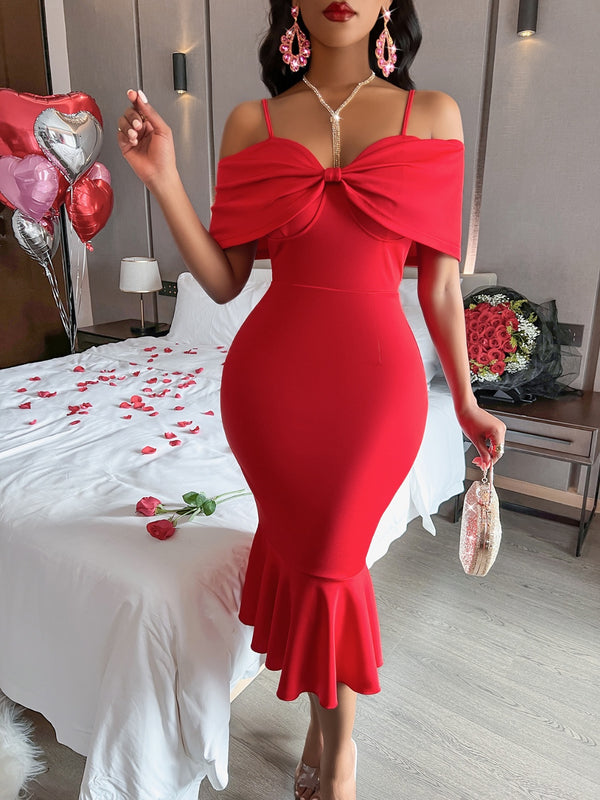 Red Off The Shoulder Dress Women's Sexy Spaghetti Strap Fishtail Wrap Dress