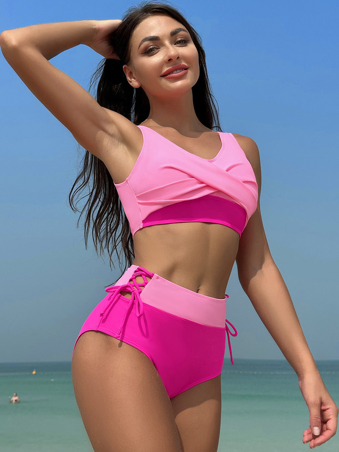 Two-Piece Swimsuit Pink Color-block  Ruched Wide Strap Top and High Rise Swim Bottoms Swimwear