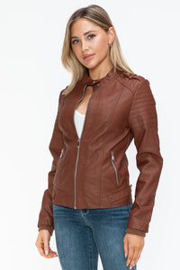 Snobbish PU Leather Biker Jacket with Side Zip Pockets