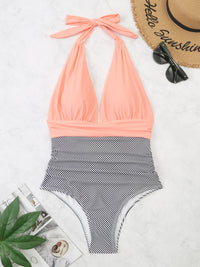 One Piece Swimsuit Nylon Fast Dry Premium Luxury Halter Neck Plunge Low V One-Piece Swimwear